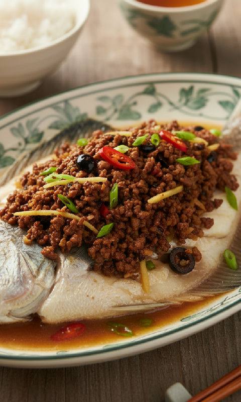 Steamed Silver Pomfret with Preserved Olives and Minced Pork