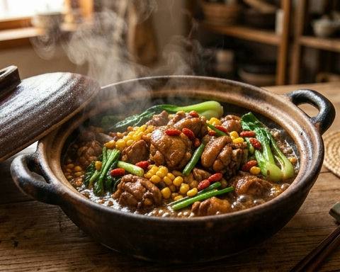 Spring Greens, Corn and Goji Braised Chicken Clay Pot