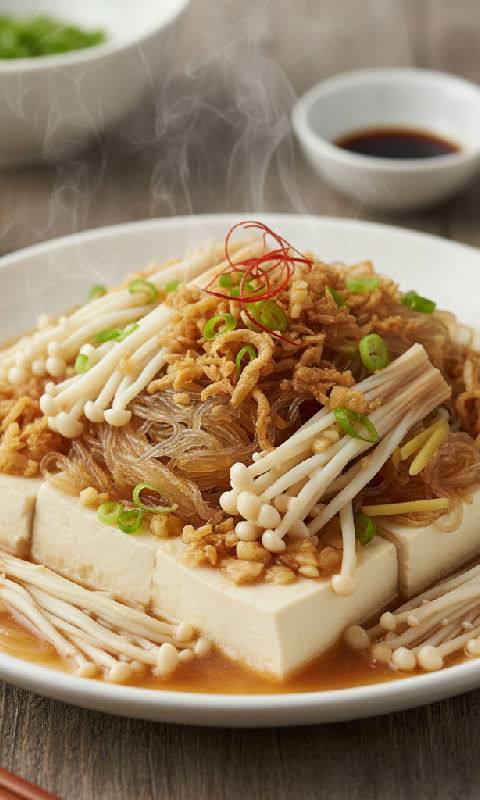 Steamed Silken Tofu with Preserved Radish, Enoki Mushrooms and Glass Noodles