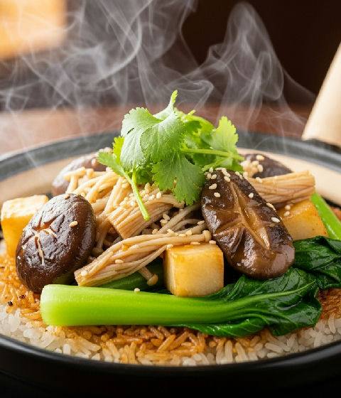 Vegetarian Claypot Rice with Mixed Mushrooms and Yam