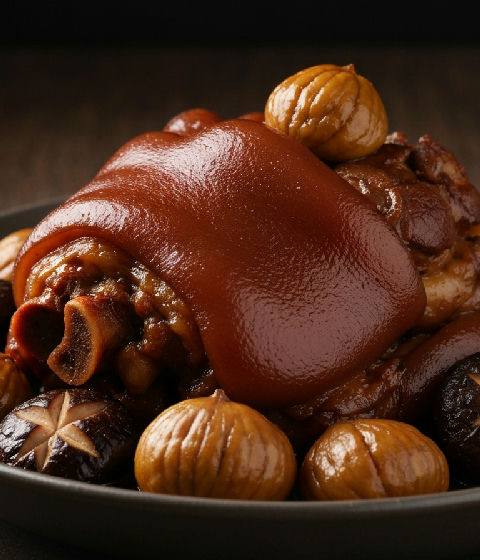 Braised Pork Hock with Dried Shiitake Mushrooms and Chestnuts