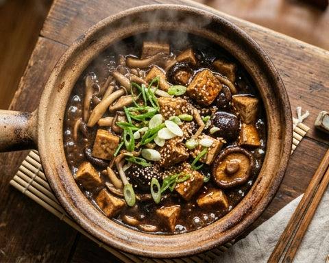 Spring Mushroom Tofu with Black Bean Sauce in Clay Pot