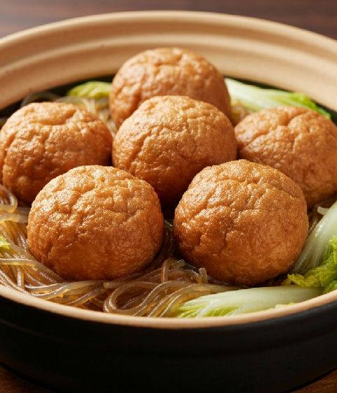 Braised Tofu Puffs with Glass Noodles and Napa Cabbage in Claypot
