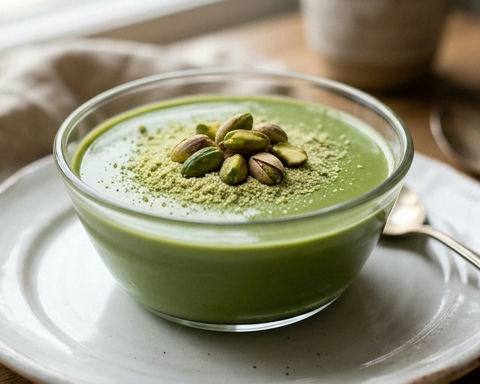 Matcha Pudding with Pistachio Powder