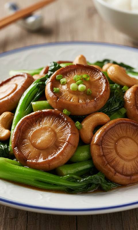 Stir-fried Mock Abalone with Kai-lan and Cashew Nuts