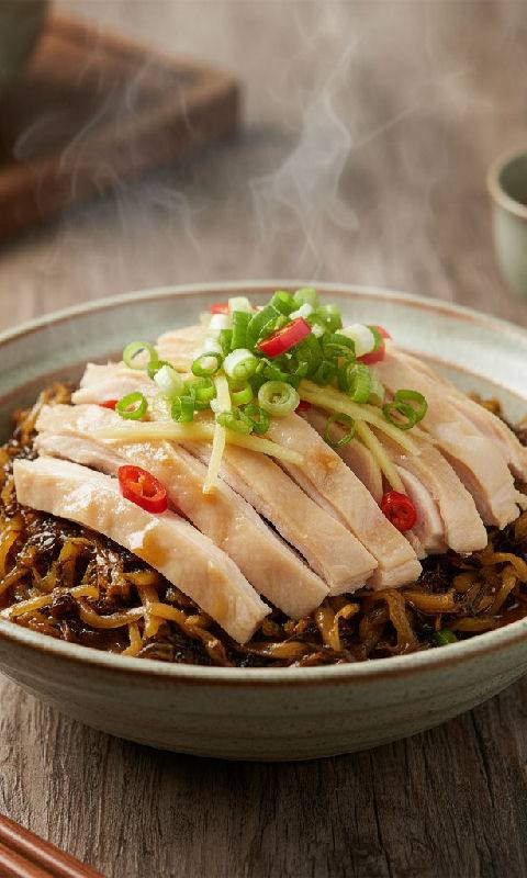 Steamed Chicken Fillet with Preserved Mustard Greens