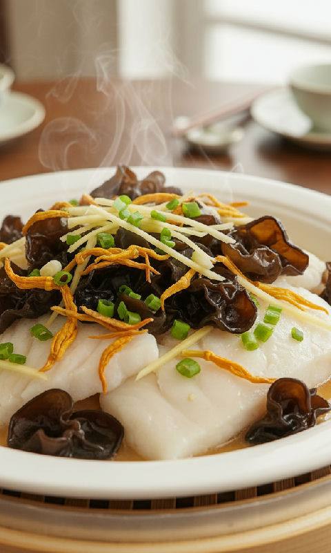 Steamed Halibut Fillet with Dried Lily Flowers and Wood Ear Mushrooms