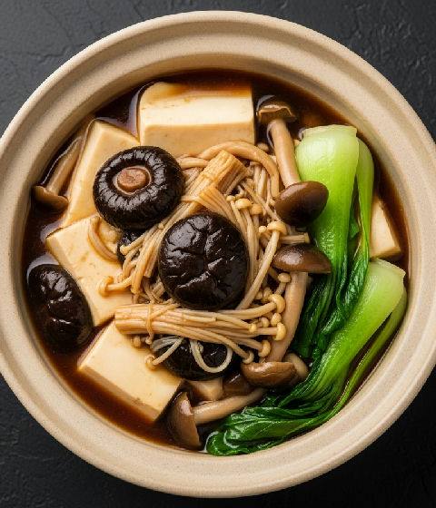 Braised Silken Tofu with Mixed Mushrooms and Seasonal Greens in Fermented Red Bean Curd Sauce