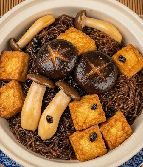 Claypot Braised Tofu, Assorted Mushrooms and Glass Noodles with Fermented Black Bean Sauce