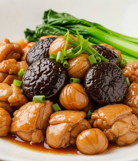 Braised Chicken with Dried Shiitake Mushrooms and Chestnuts
