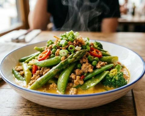 Stir-Fried Spring Vegetables with Salted Egg Yolk and Ground Pork