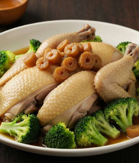 Steamed Chicken with Dried Scallops and Broccoli
