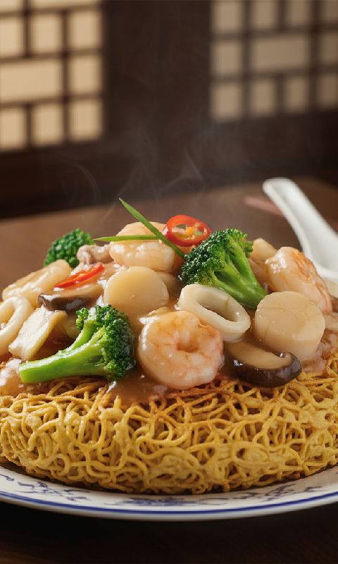 Crispy Pan-fried Noodles with Mixed Seafood