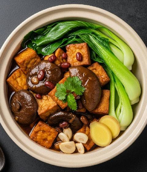 Braised Firm Tofu and King Oyster Mushrooms with Fermented Red Bean Curd Sauce