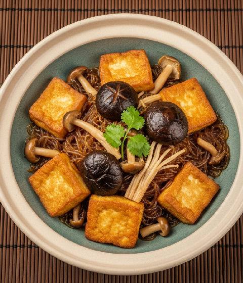 Claypot Braised Tofu with Assorted Mushrooms and Glass Noodles