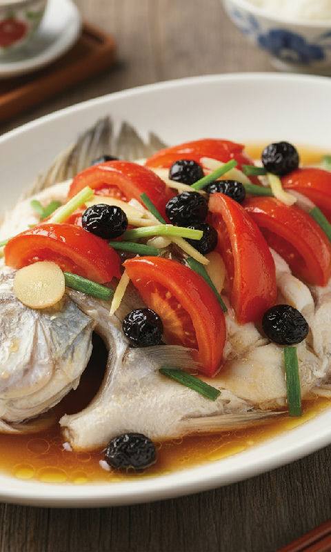 Steamed White Pomfret with Tomatoes and Preserved Olives