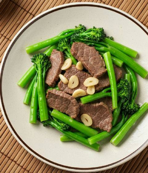 Stir-fried Beef Flank with Gai Lan and Garlic