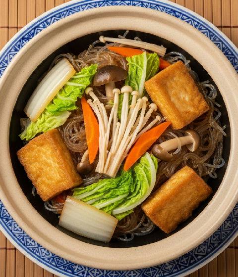 Claypot Braised Tofu with Enoki Mushrooms and Glass Noodles