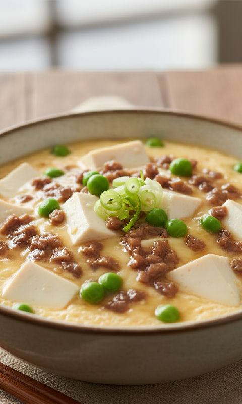 Steamed Egg Tofu with Minced Mushrooms and Peas