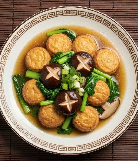 Braised Tofu and Shiitake Mushrooms with Seasonal Greens