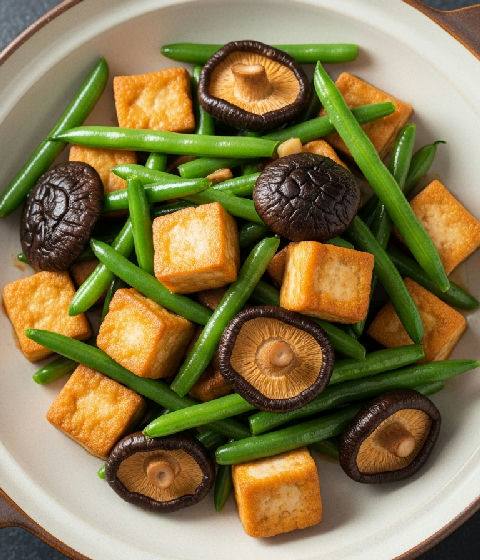 Stir-fried Firm Tofu with Green Beans and Shiitake Mushrooms in Preserved Olive Vegetable Sauce