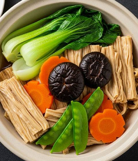 Braised Bean Curd Sheets with Assorted Vegetables and Fermented Red Bean Curd