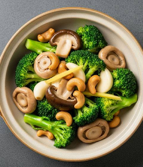 Stir-fried King Oyster Mushrooms and Broccoli with Cashew Nuts