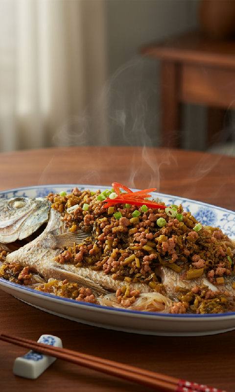 Steamed Sole Fish with Shredded Pork and Preserved Mustard Greens