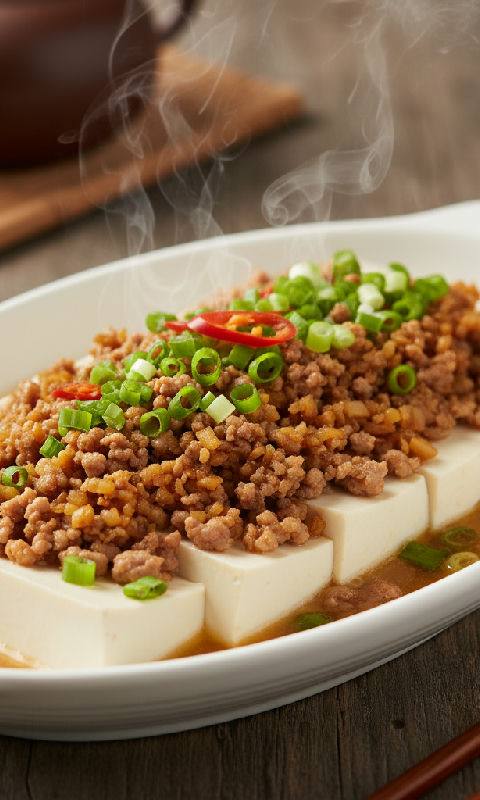 Steamed Tofu with Minced Pork and Preserved Radish