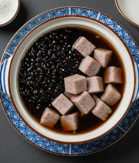 Black Glutinous Rice and Taro Sweet Soup with Coconut Cream
