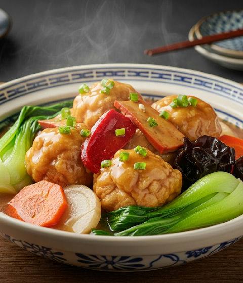 Braised Tofu Puffs with Fermented Bean Curd and Vegetables