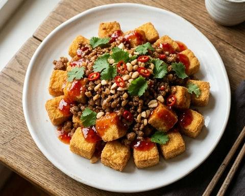 Thai Fried Tofu with Sweet Chilli Sauce and Minced Pork