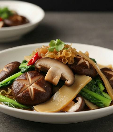 Braised Shiitake Mushrooms with Seasonal Greens and Bamboo Fungus