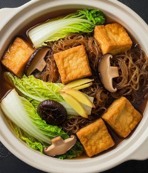 Braised Napa Cabbage with Fried Tofu and Glass Noodles