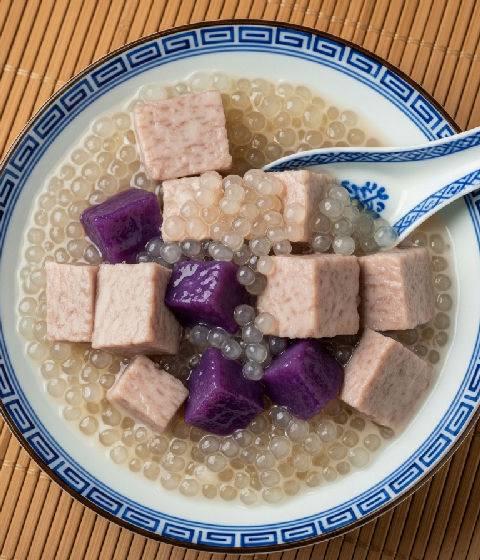 Chilled Coconut Sago with Purple Yam and Taro Cubes