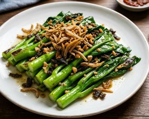 Garlic Preserved Vegetable Stir-fried Gai Lan with Crispy Anchovies