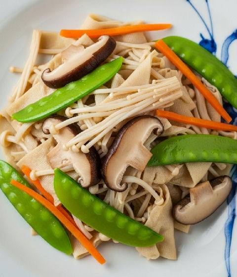 Stir-fried Tofu Skin with Mixed Mushrooms and Snow Peas