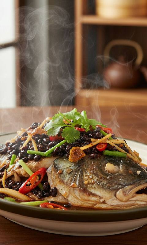 Steamed Fish Head with Salted Black Beans and Dried Tangerine Peel