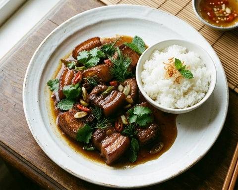 Vietnamese Caramel Pork with Spring Herbs and Fish Sauce