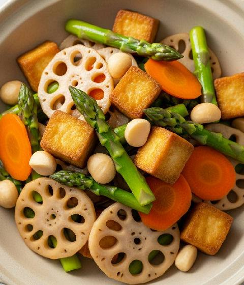 Stir-fried Lotus Root and Asparagus with Crispy Tofu and Macadamia Nuts