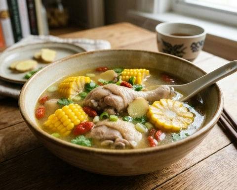 Spring Ginger Corn Chicken Soup with Goji