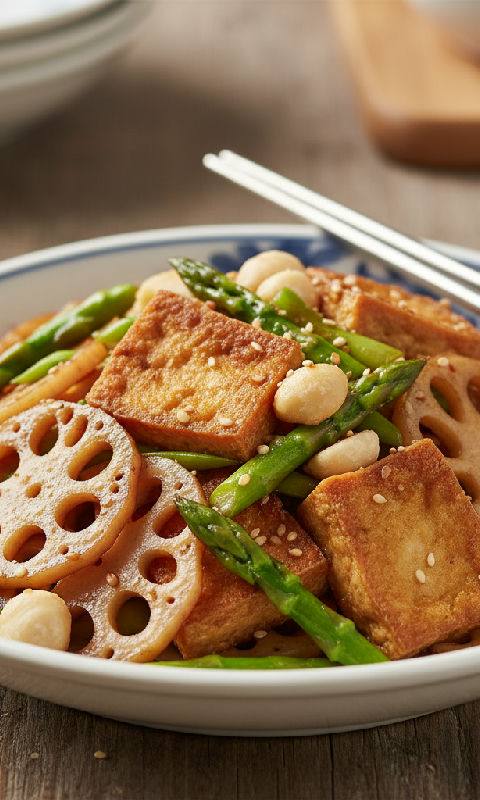 Stir-fried Lotus Root and Asparagus with Crispy Tofu and Macadamia Nuts