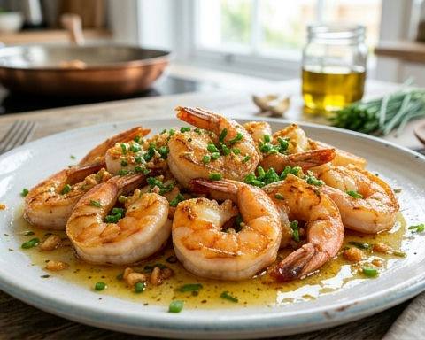 Pan-Fried Shrimp with Spring Chives and Crispy Garlic Oil