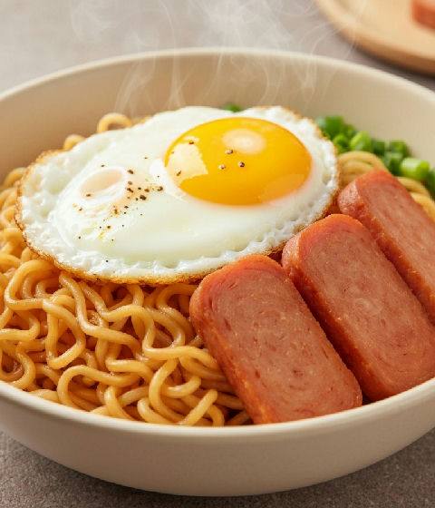 Instant Noodles with Luncheon Meat and Fried Egg