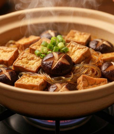 Claypot Braised Tofu with Shiitake Mushrooms and Glass Noodles