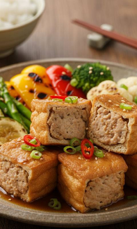 Braised Stuffed Tofu Puffs with Fish Paste and Seasonal Greens