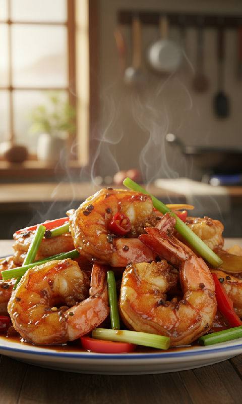 Wok-fried Prawns with Soy Sauce and Evaporated Milk