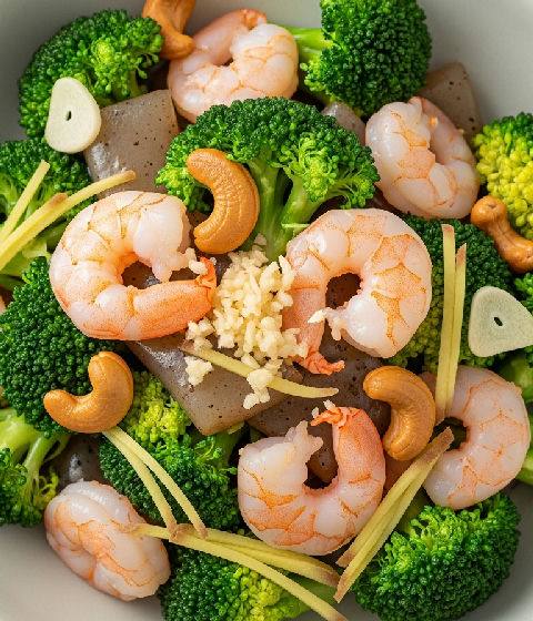 Stir-fried Broccoli with Vegetarian "Shrimp" and Cashew Nuts