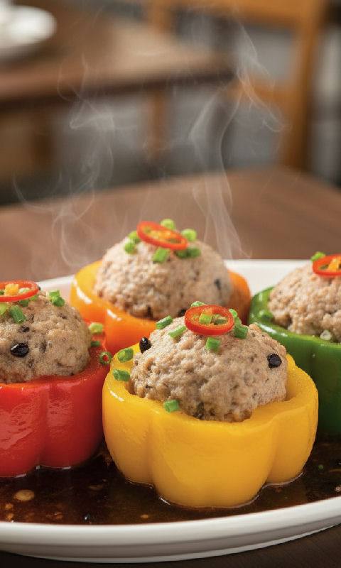 Pan-fried Stuffed Bell Peppers with Vegetarian Mince and Mushrooms in Black Bean Sauce
