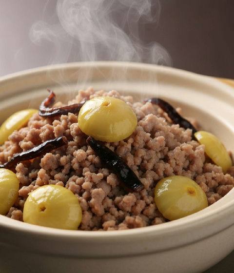 Steamed Minced Pork with Water Chestnuts and Dried Squid